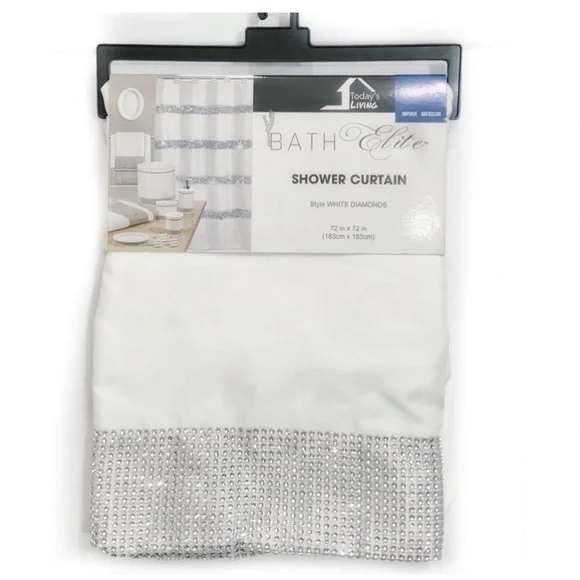 White Diamonds Shower Curtain Fabric Sparkling Rhinestones 72” x 72” White - Picture 10 of 14